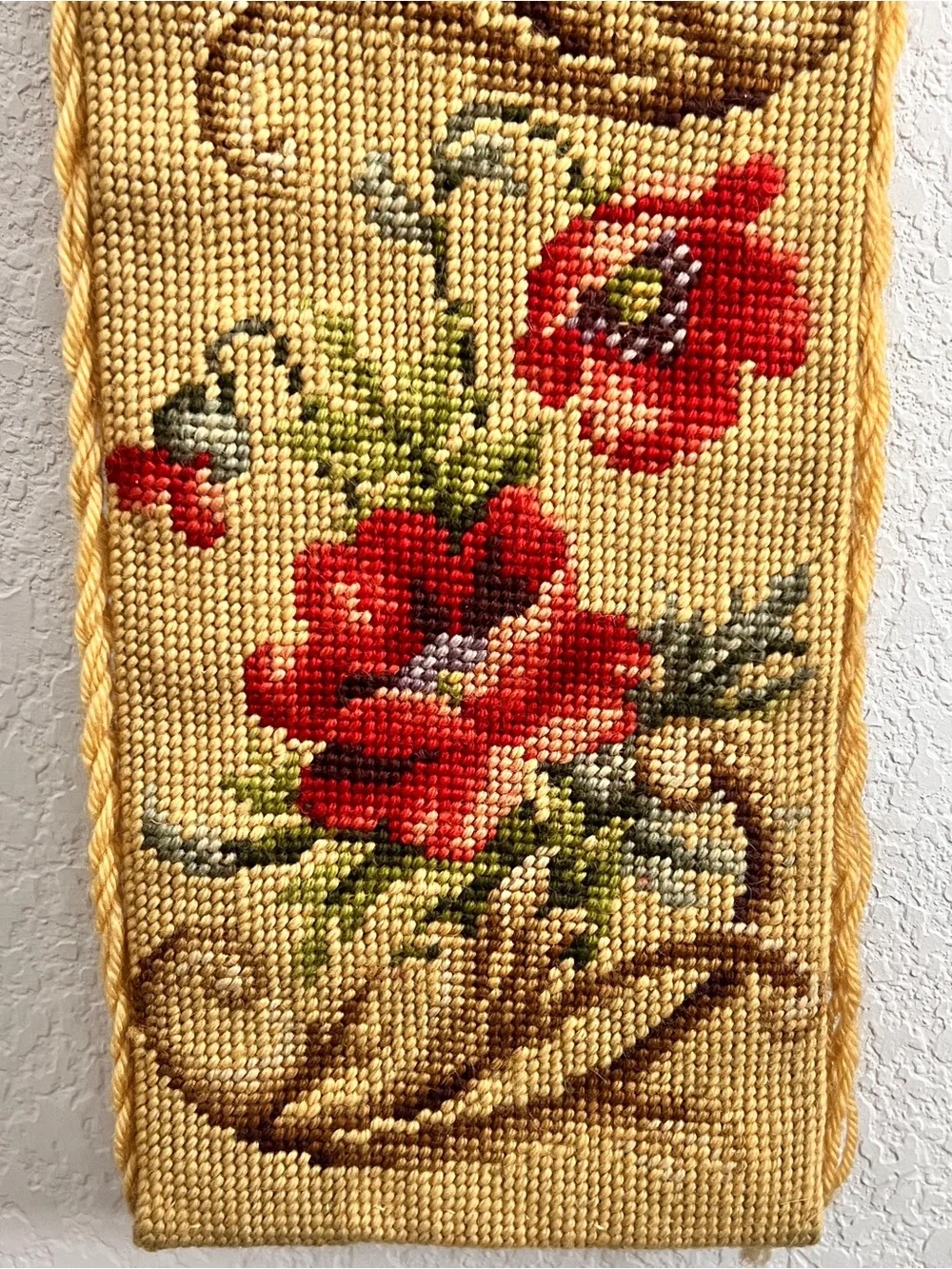 Vintage Floral Needlepoint Bell Pull Wool Velvet  Brass 63”